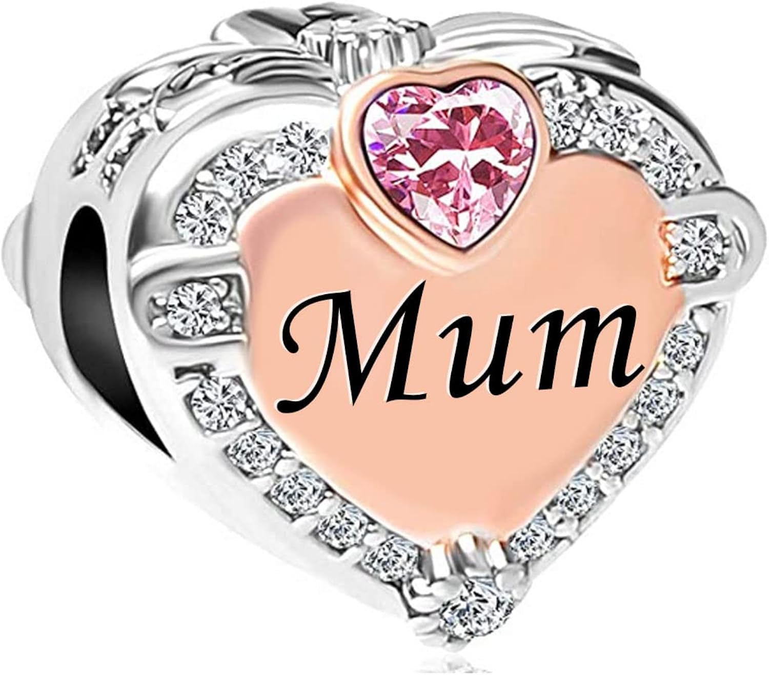 KunBead Jewelry Heart Love Mum Mothers Day Charms Bead Compatible with Pandora Bracelets, pink