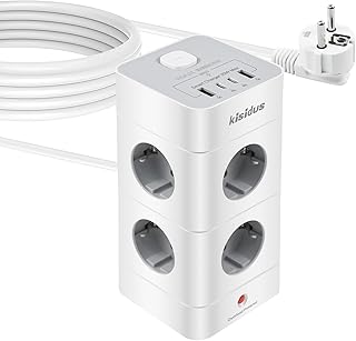 kisidus Regleta de enchufes 8 Tomas con 4 Puertos USB, regleta con protección contra sobretensión, Cable de extensión de 2M, Torre de enchufes con Interruptor, para hogar y Oficina, Color Blanco