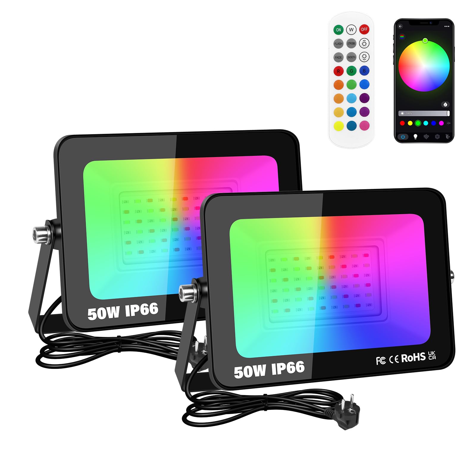RIGIDON 2X 50W Foco Led RGB Exterior/Interior, 5000LM APP Control Remoto Proyector Led, Minutero Multicolor RGBW Regulable Luz de pared Para Jardín,Fiestas, Terraza, IP66 Impermeable Floodlight