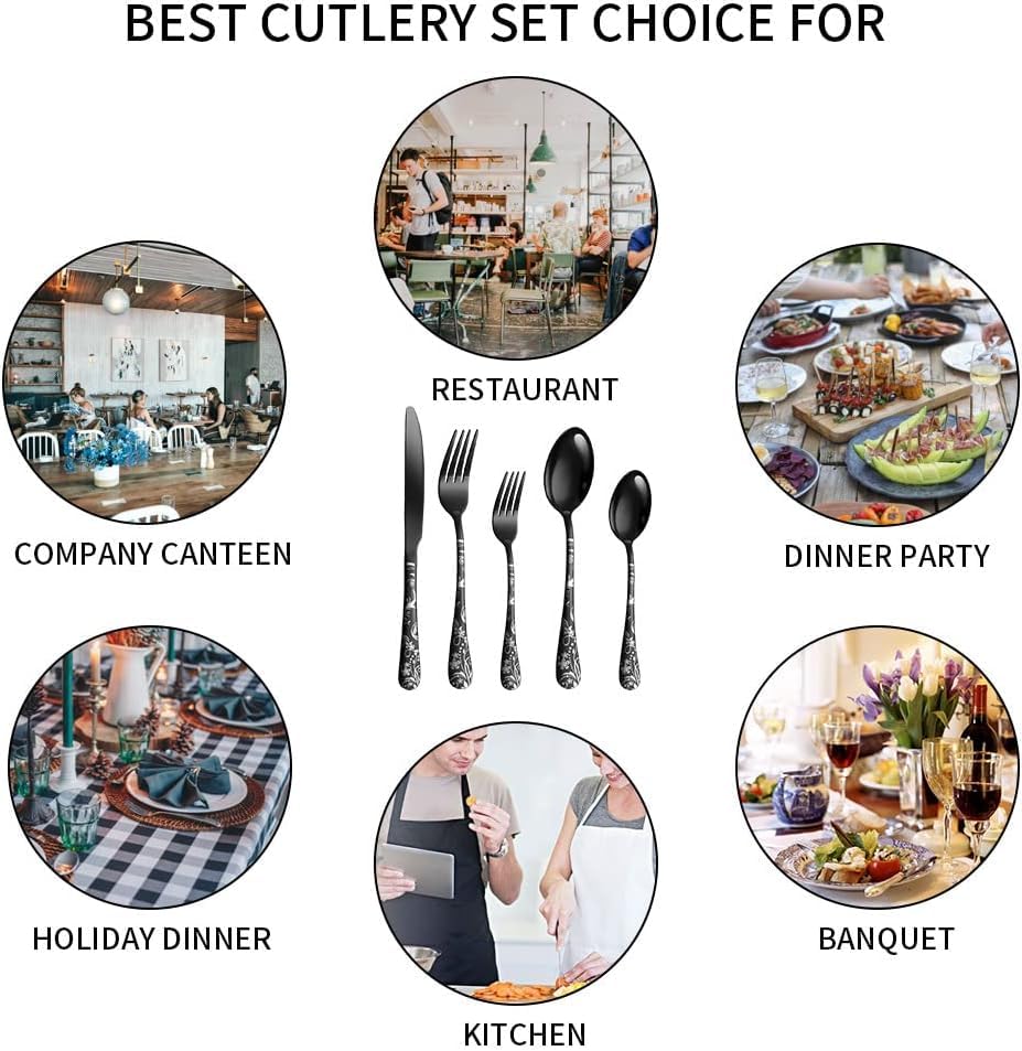 Image of aDai Matte Black Silverware Set | Satin Finish 15-Piece Flatware Set with Unique Floral Printed Handle | Dishwasher Safe Stainless Steel Cutlery for Home, Restaurant & Gifting