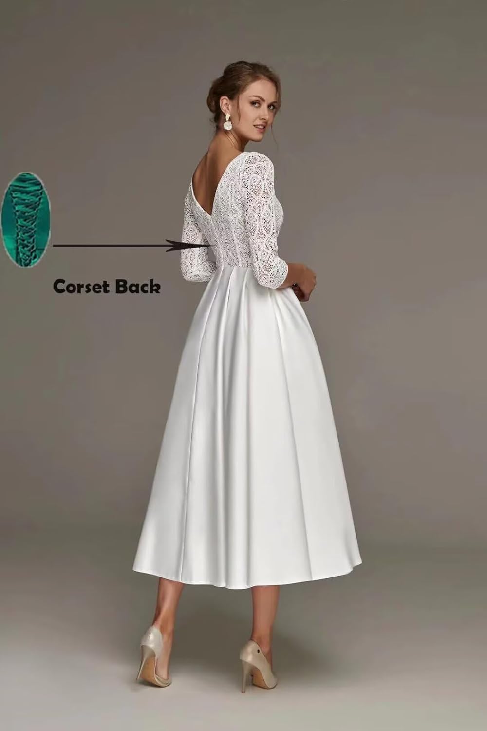 Short Long Sleeve Lace Wedding Dresses for Bride Tea Length Satin Mini Bridal Gown with Sleeves
