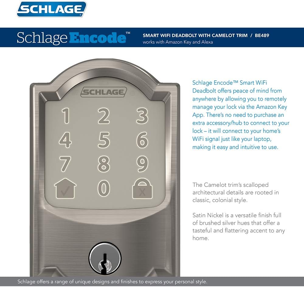 Greatest Product Schlage Encode Smart Wi-Fi Deadbolt with Camelot Trim in Satin Nickel