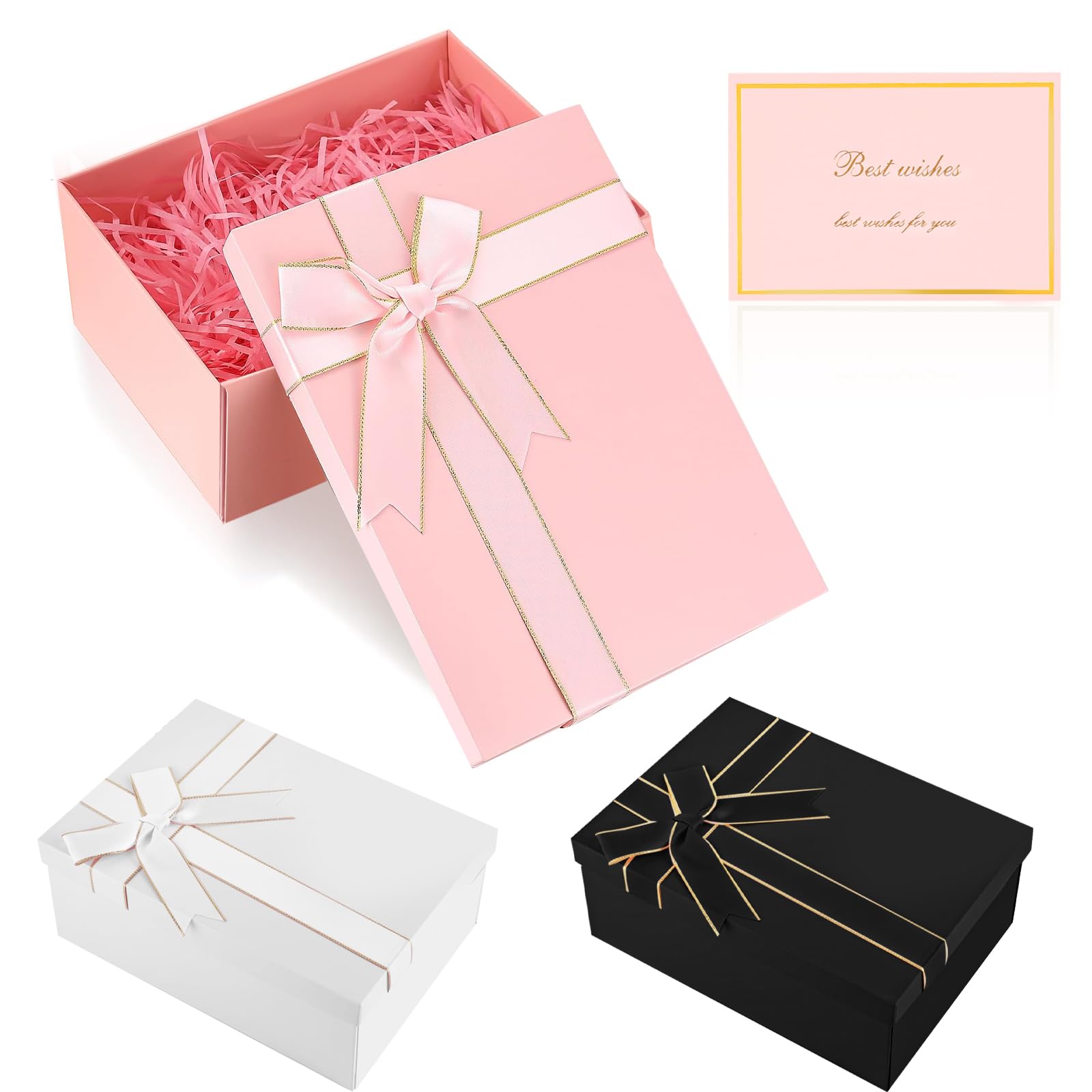 NVGVUP Pink Gift Box, Luxury Gift Boxes with Lids Ribbon Bowknot Greeting Card, Flat-Packed Gift Boxes for Valentine's Day, Birthdays, Wedding, Anniversaries (29 x 21 x 10 cm)