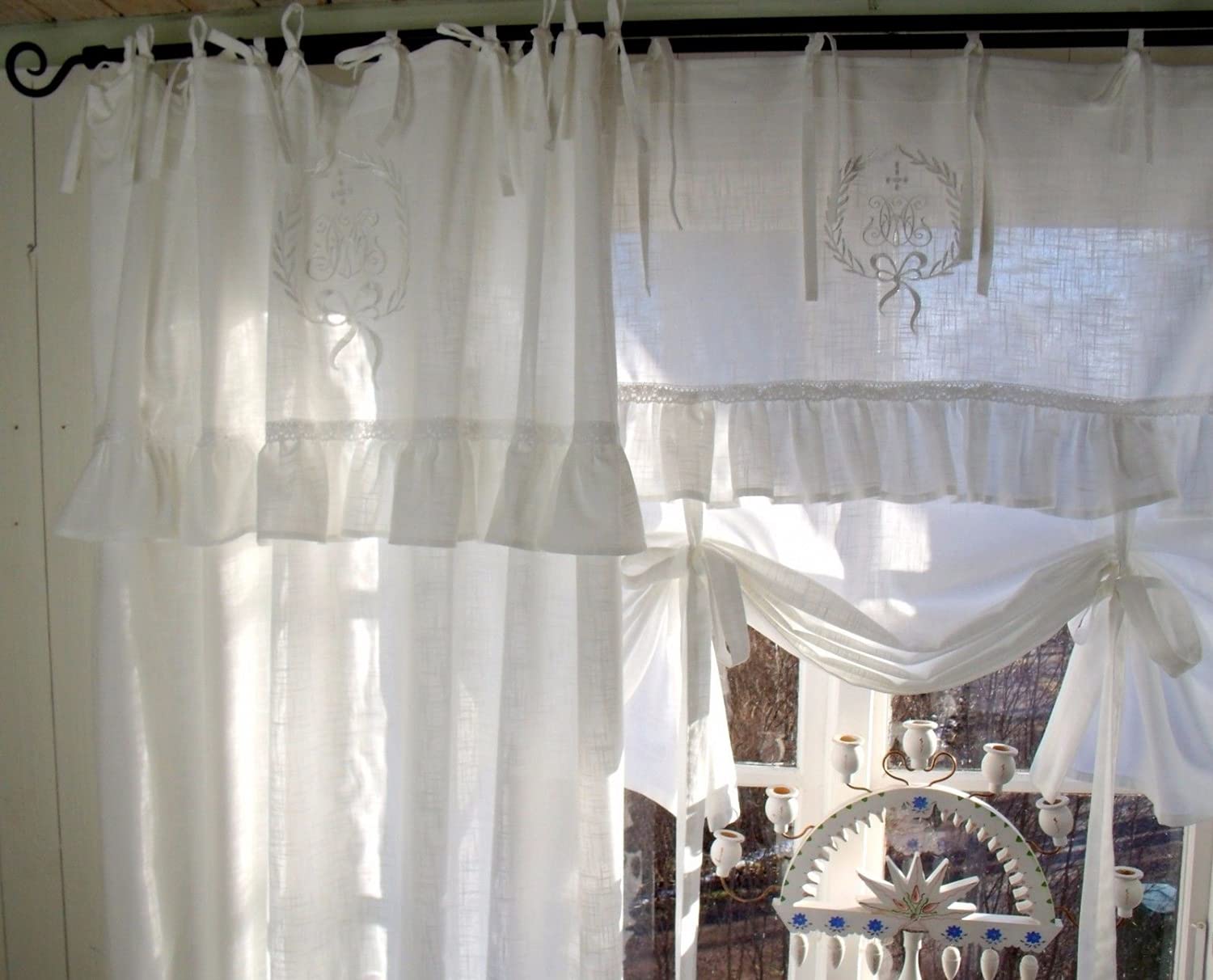 Raff Gardine Lara Weiß 100x120 cm Spitze Volant Bestickt Vintage Landhaus Shabby