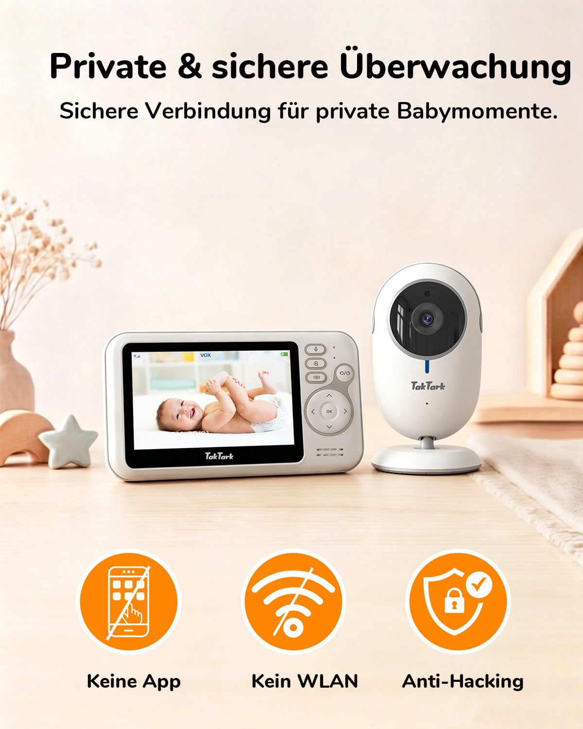TakTark Babyphone mit Kamera, 4.3'' Babyphone Video Baby Monitor, Babyfon mit Kamera und Audio mit VOX, Gegensprechfunktion, Nachtsicht, Digitalzoom, Temperaturüberwachung und Keine störenden Lichter