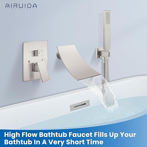 Miniatura 7 de Airuida Grifo de bañera de montaje en pared, níquel cepillado con rociador de ducha de mano, boquilla de cascada con moderno grifo de llenado de