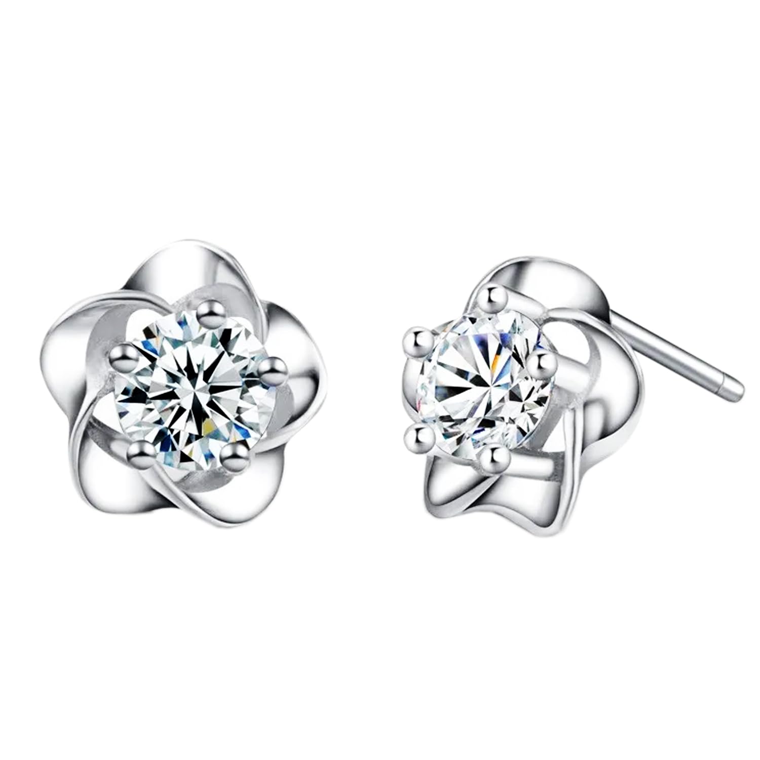 Damen Ohrstecker 925 Silber Blume mit Strass Glitzer Zirkonia Stein Stecker Blüte Brautschmuck Ohrringe Diamant Form Rund Klein Weiß | Geschenke für Frauen Sie Ehefrau Freundin Mama Mutter