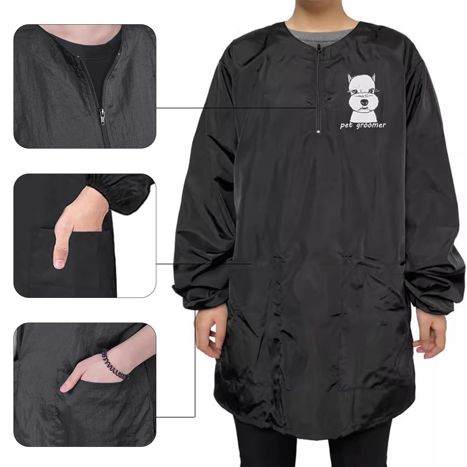 Tablier de toilettage imperméable avec fermeture éclair à manches longues pour animal domestique avec deux poches