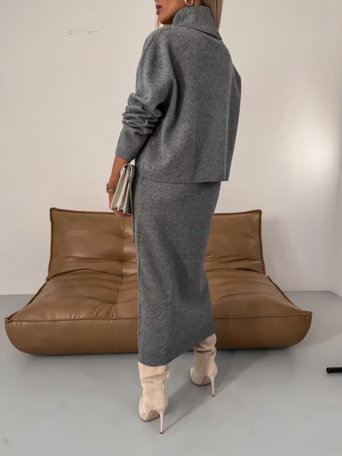 Ensemble robe midi et pull à col roulé blanc, robe pull à col roulé pour l'automne et l'hiver, costume chaud confortable