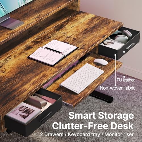 Image of HUANUO 55″ x 26″ Electric Standing Desk with 2 Drawers &24.4″ Large Keyboard Tray, C-Clamp Mount Compatible, Adjustable Computer Desk for Office, Sit Stand Up Desk with 4 Height Presets, Vintage Brown