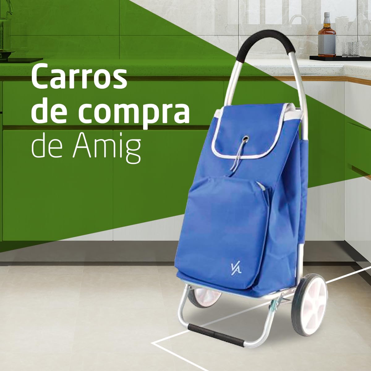 Amig - Carro de la Compra de 2 Ruedas - Bolsa Ajustable - Aluminio Ligero - Carga Máxima 15kg - Capacidad de 50 L - Medidas: 95 x 45,5 x 12 cm - Color: Azul