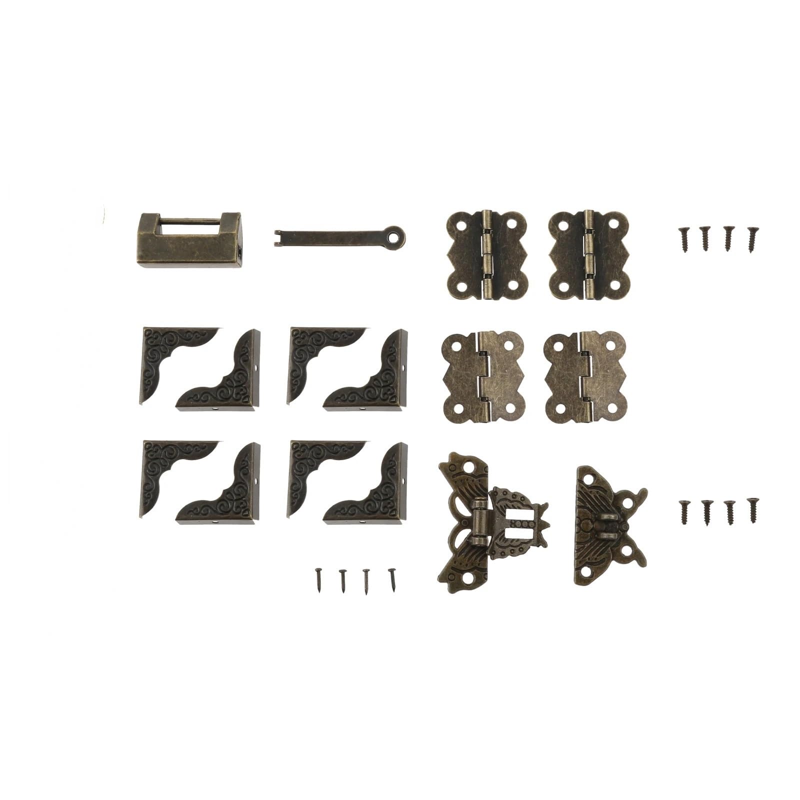 Antique Furniture Lock 6sets Retro Butterfly-Shape Hasp Antique Jewelry Box Latch Buckle Hinges and Corner Protectors Kit for Cabinet/Suitcase/Toolbox