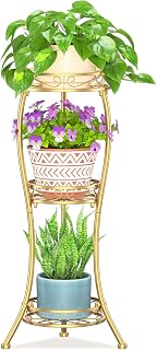LASZOLA 3 Tiers Metal Corner Plant Flower Stand Tall Indoor Outdoor, Gold | Heavy Duty Small Holder Shelf for Multiple Plants, Vintage 30 Inch High for Patio Office, Modern Sturdy Vertical Iron Rack