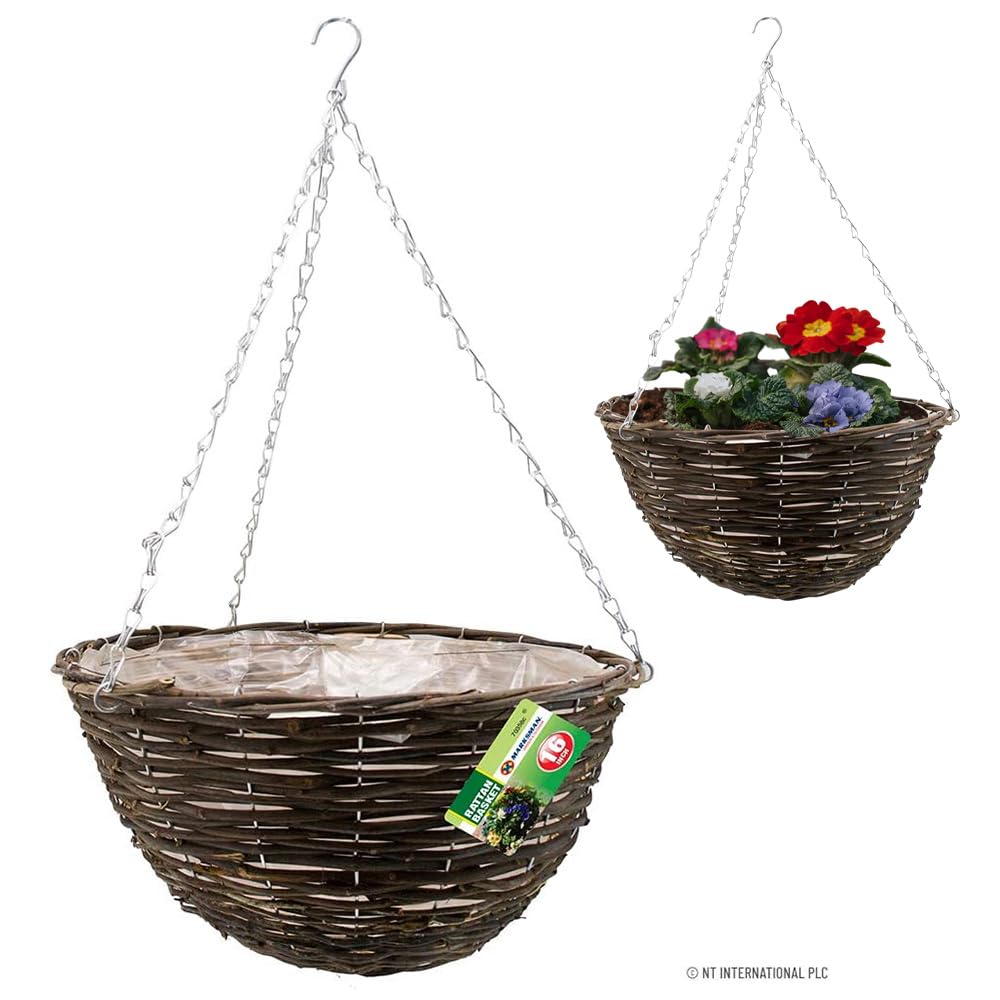 NEW SET OF 2 RATTAN NATURAL WICKER HANGING BASKET FLOWER PLANT POT GARDEN 12"