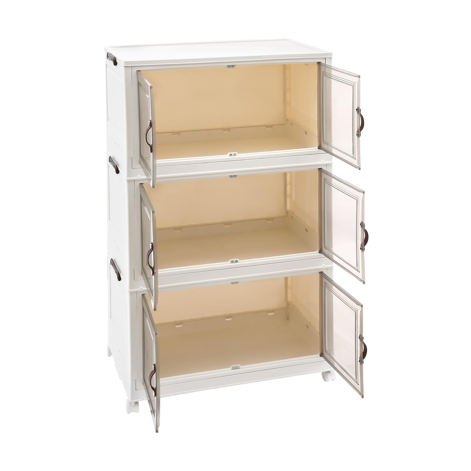 Caja de almacenamiento plegable de 3 niveles con ruedas, puertas dobles transparentes con cierre magnético, apilable y combinable, caja organizadora para cocina, baño, dormitorio