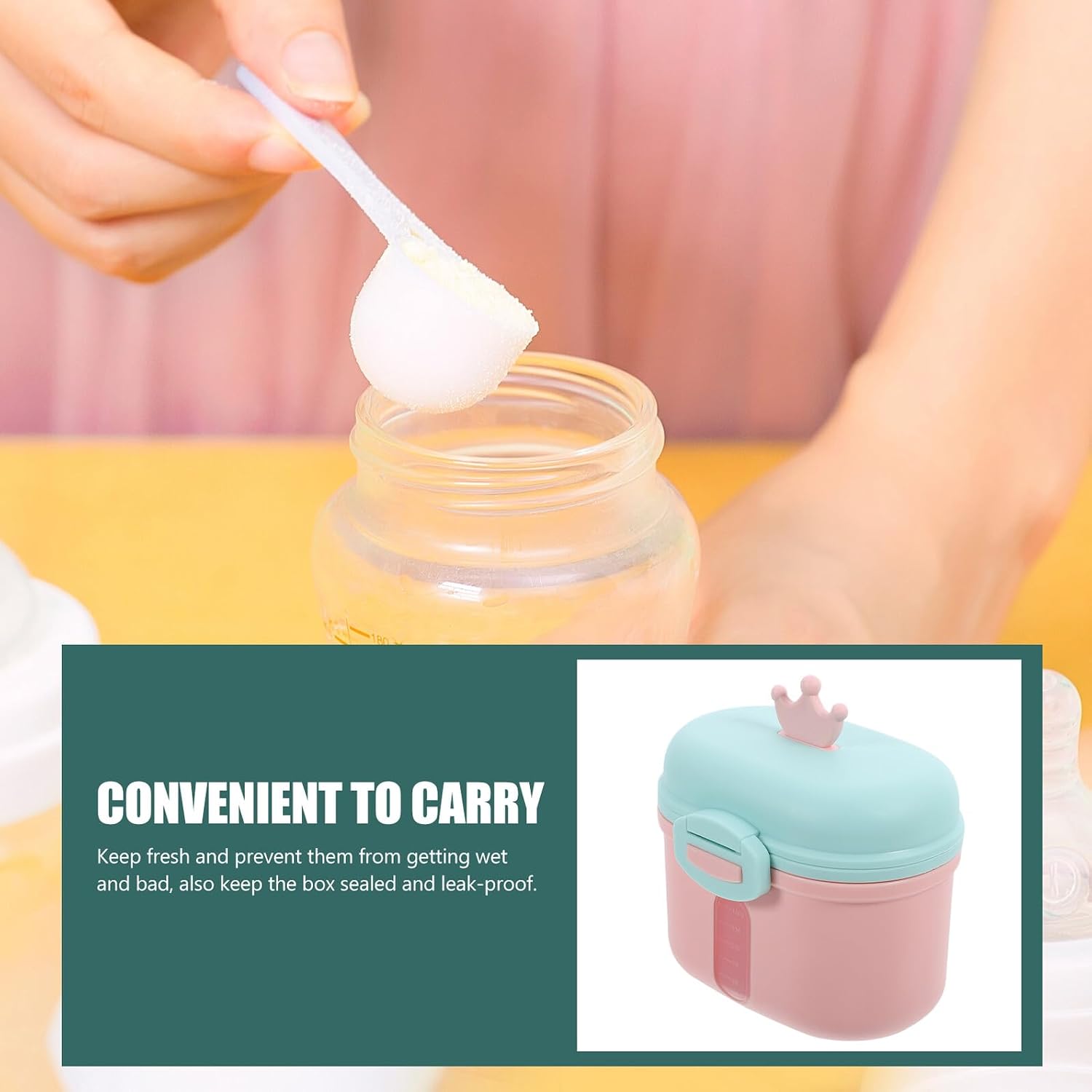 Mikinona Portable Milk Powder Dispenser Box with Scoop Lightweight Sealed Storage Container for Travel Picnic Shopping Outdoor Use Compact Pink Food Holder