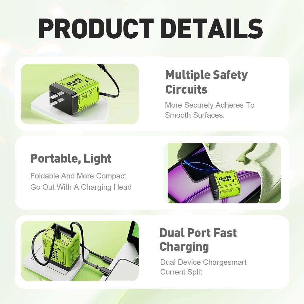 Tabla comparativa de cargadores, cargador rápido 2 en 1 de 120 W con cables retráctiles, adaptador de corriente de carga rápida portátil, enchufe plegable todo en uno, módulo de alimentación escalable