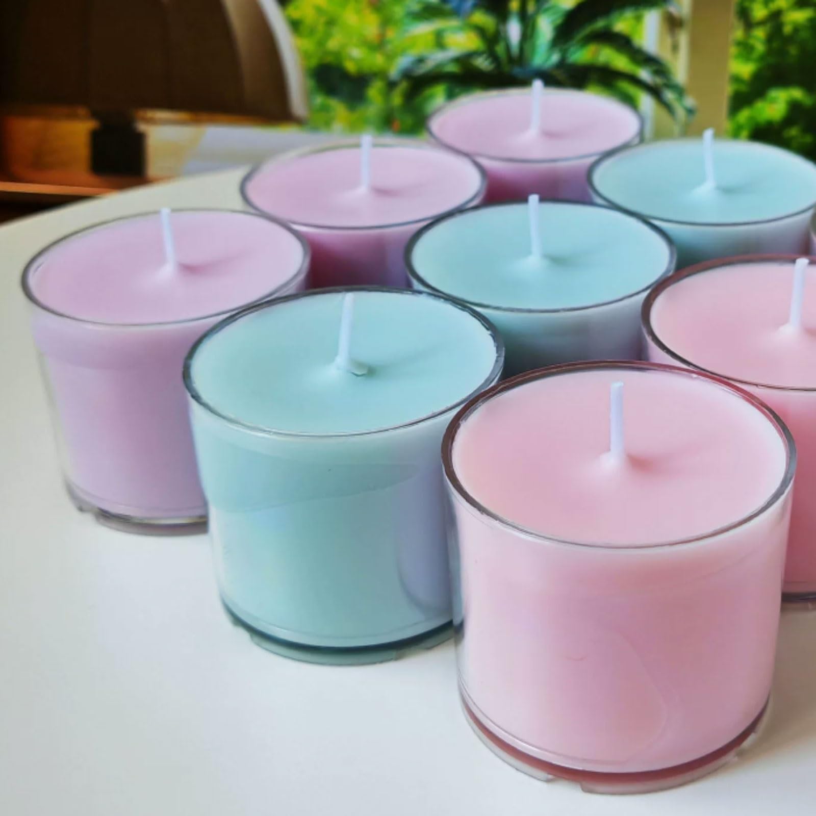 Squisito 8 candele in vetro realizzate con burro chiarificato vegetale naturale e stoppino in cotone, 15 ore di combustione pulita, candele in barattolo senza profumo. tranquillo(Lila)