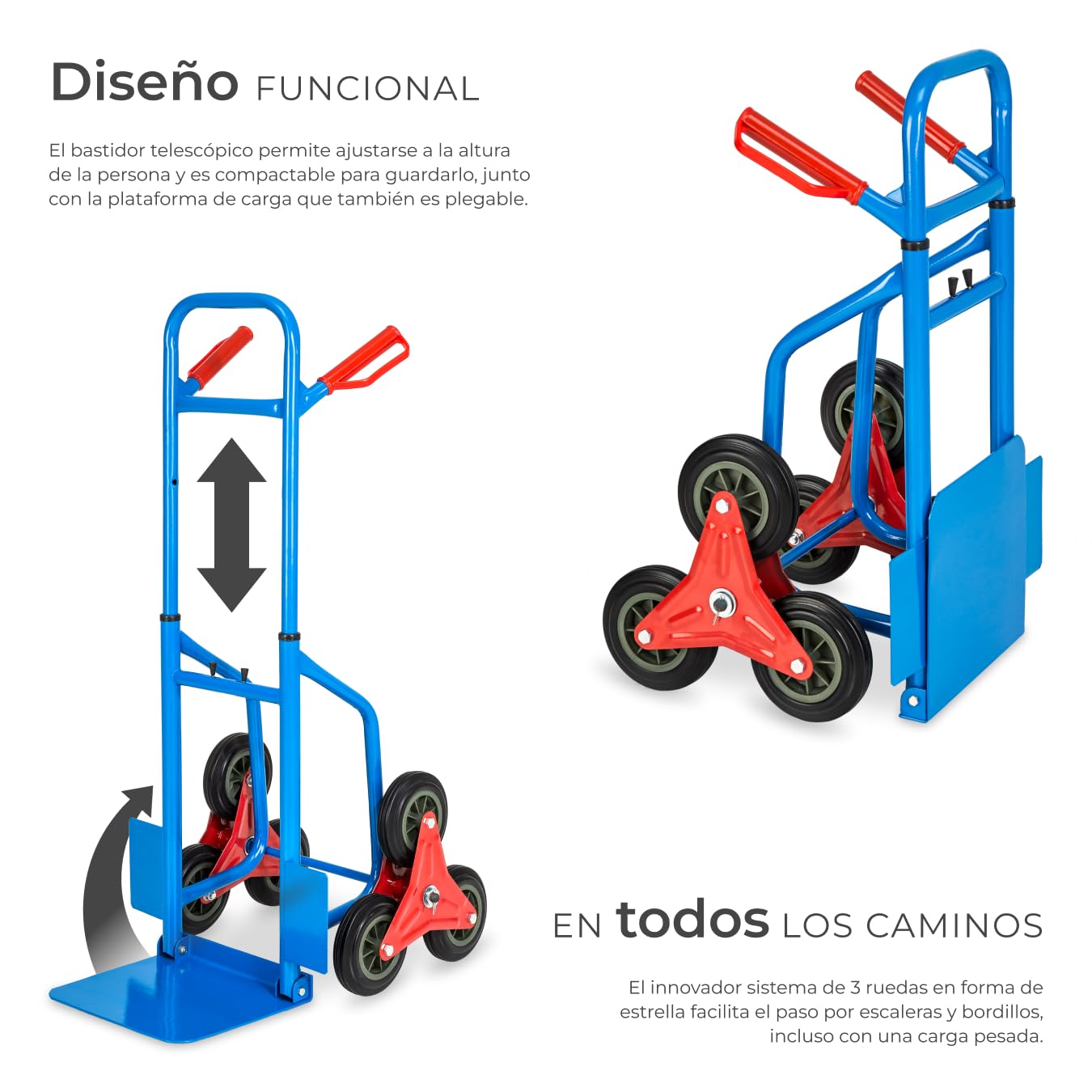 TecTake® Carretilla de Mano Plegable con Ruedas de Goma Dura, Altura Ajustable, Pala de Carga Plegable con Guardabarros, Ruedas para Subir Escaleras, Carretilla de Carga - 200kg de Carga