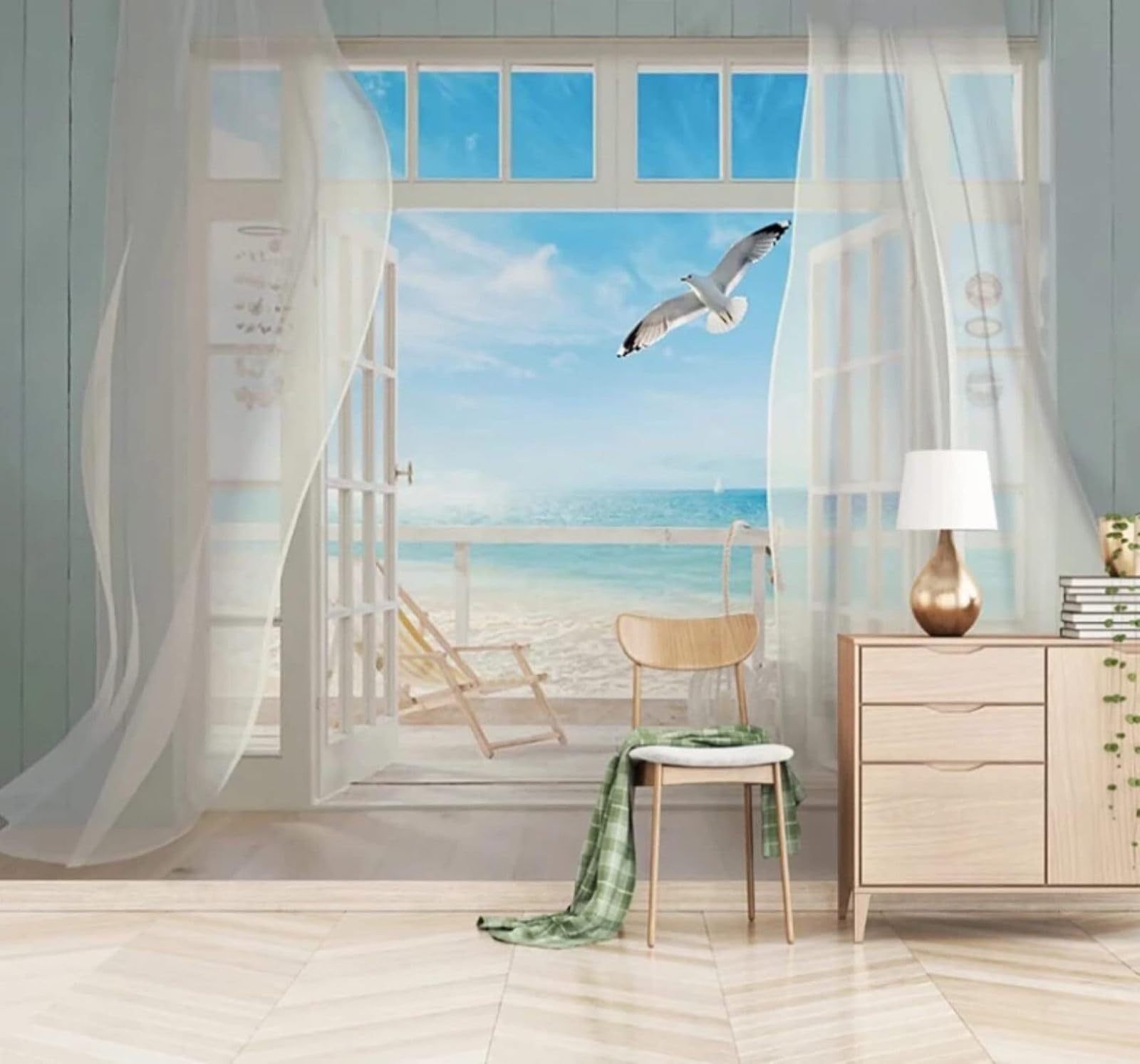 XLMING Three Dimensional Window Beach Birds in Flight Seascape 3D Wallpaper Luxury Silk Study Dining Feature Sofa Grey Bedroom Living Room Tv Decorative Wall-300cm×210cm