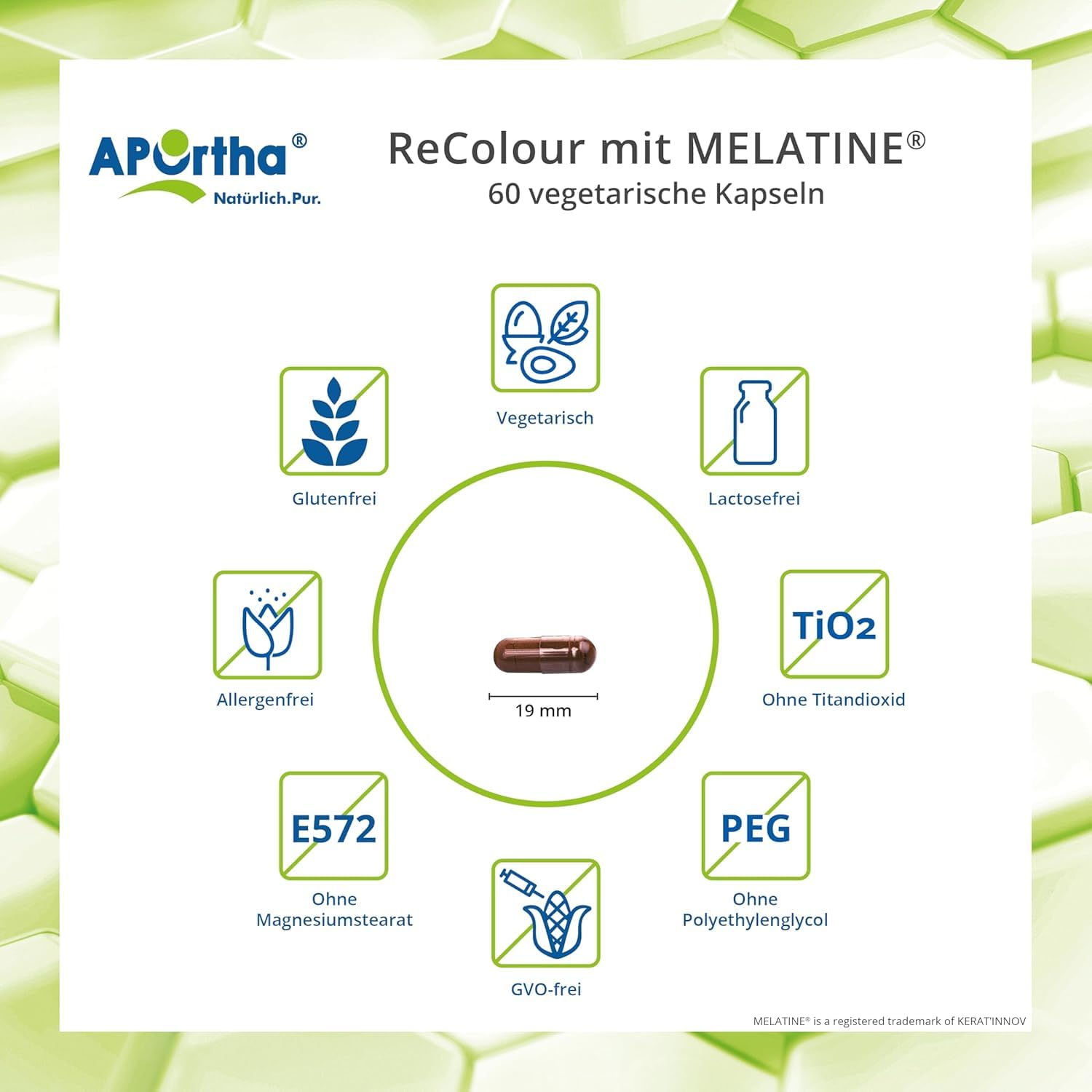 APOrtha® ReColour mit hochwertigem Melatine® Melanin I 60 vegetarische Kapseln mit Melanin gegen graue Haare I schrittweise Re-Pigmentierung von weißem und ergrautem Haar I Anti graue Haare Männer