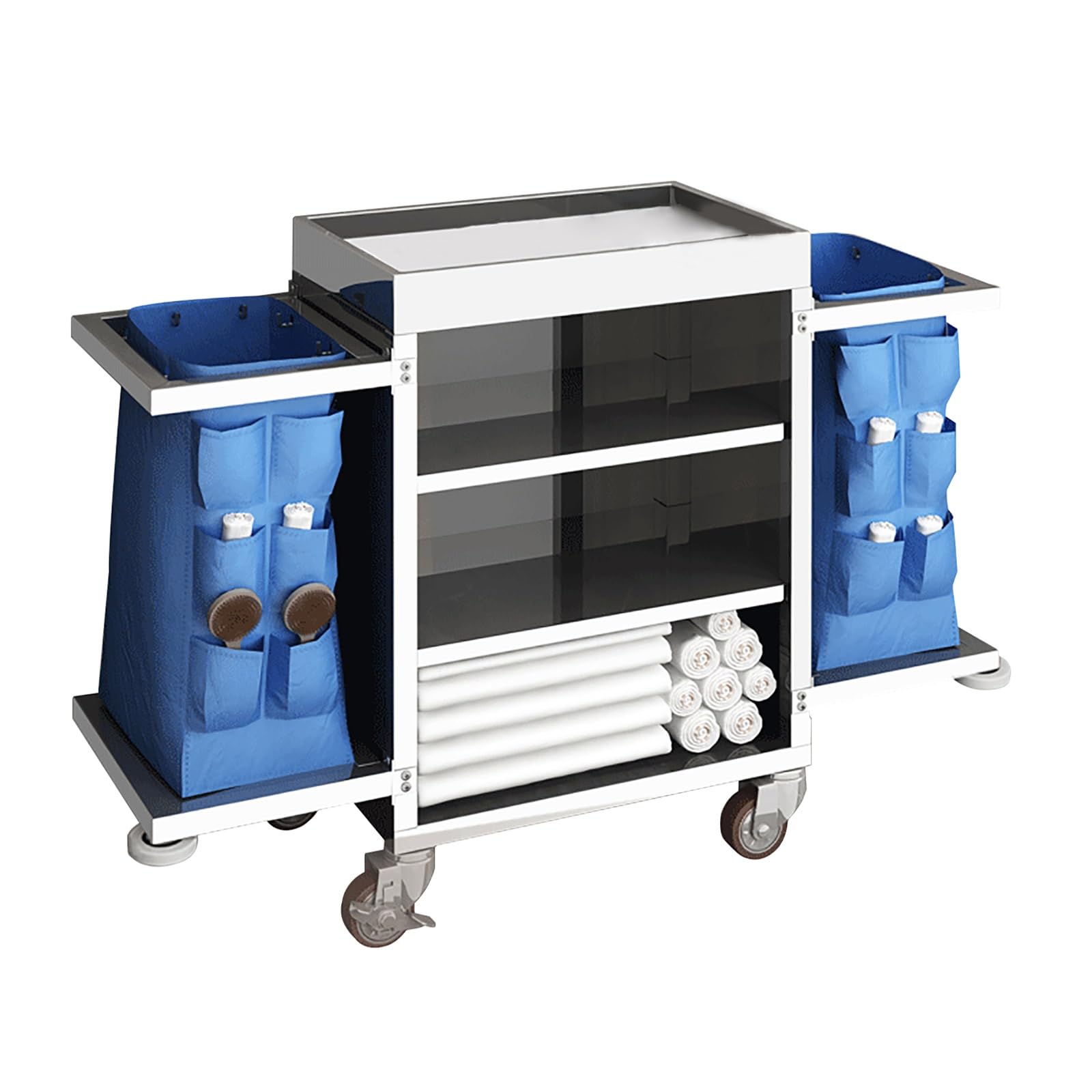 JYBNBBE Stainless Steel 4-Tier Cleaning Cart - Commercial Janitorial Trolley with Wheels & Removable Bags for Hotels Restaurants & Maintenance Services