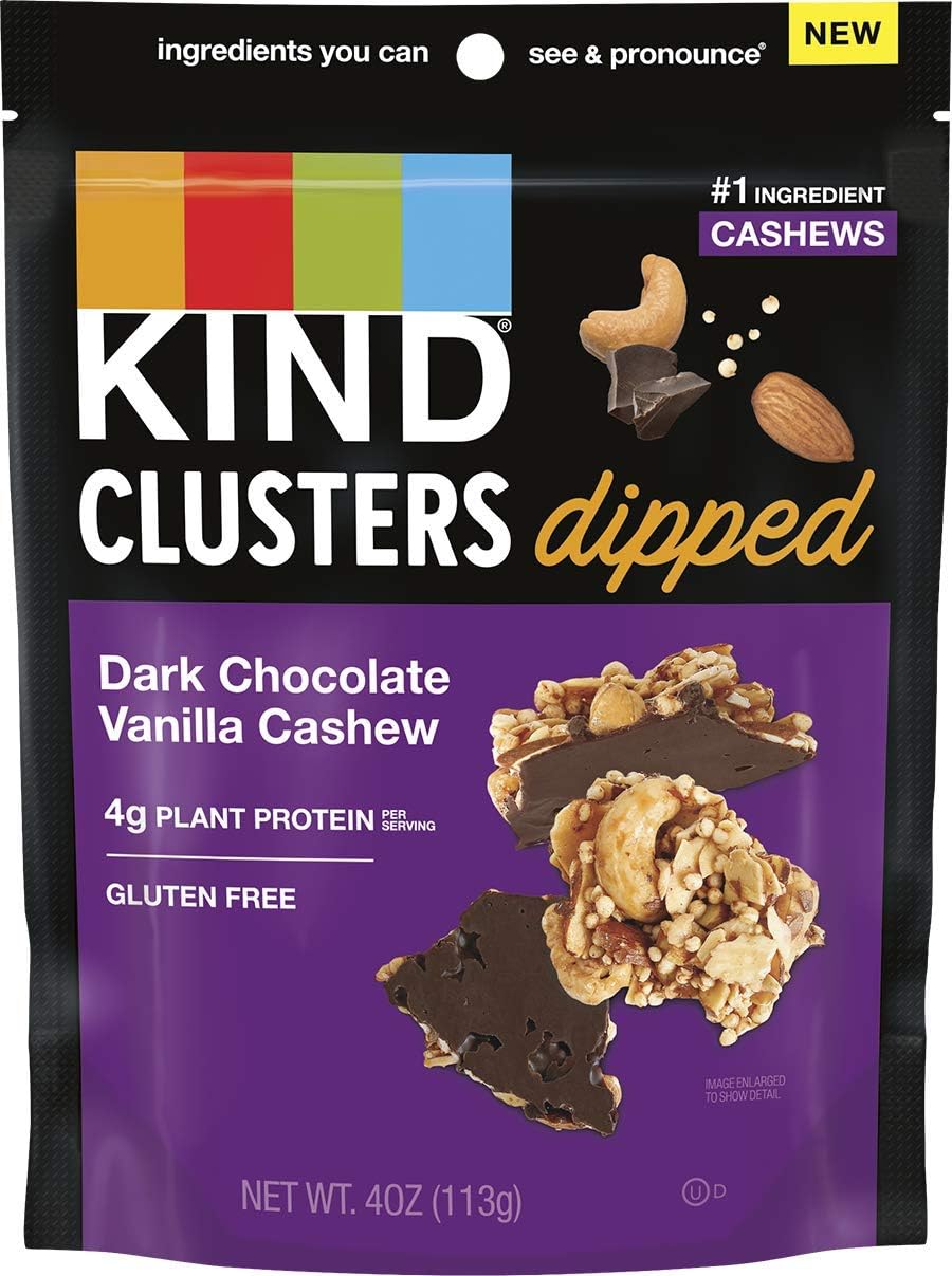 KIND Snack Clusters Dipped in Dark Chocolate – Vanilla Cashew Flavor, Gluten-Free Nut Snack with 4g Protein, Crunchy & Sweet, 4oz Bag (2, Dark
