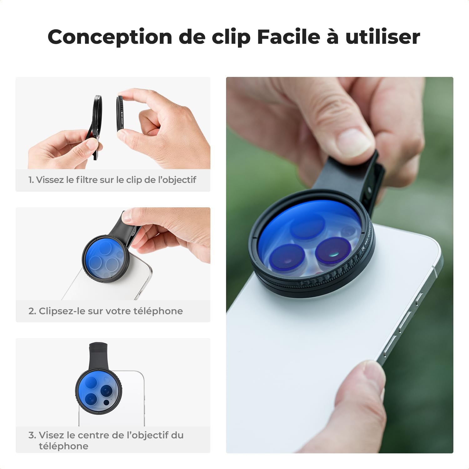 K&F CONCEPT 52mm Clip Filtre Polarisant CPL Amovible Compatible avec iPhone Téléphone Smartphones Objectifs et Un Chiffon