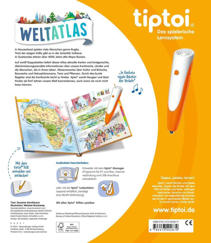 Ravensburger tiptoi ® Atlas/książka | Mój duży atlas świata + dzieci mapa świata - kraje, zwierzęta, kontynenty
