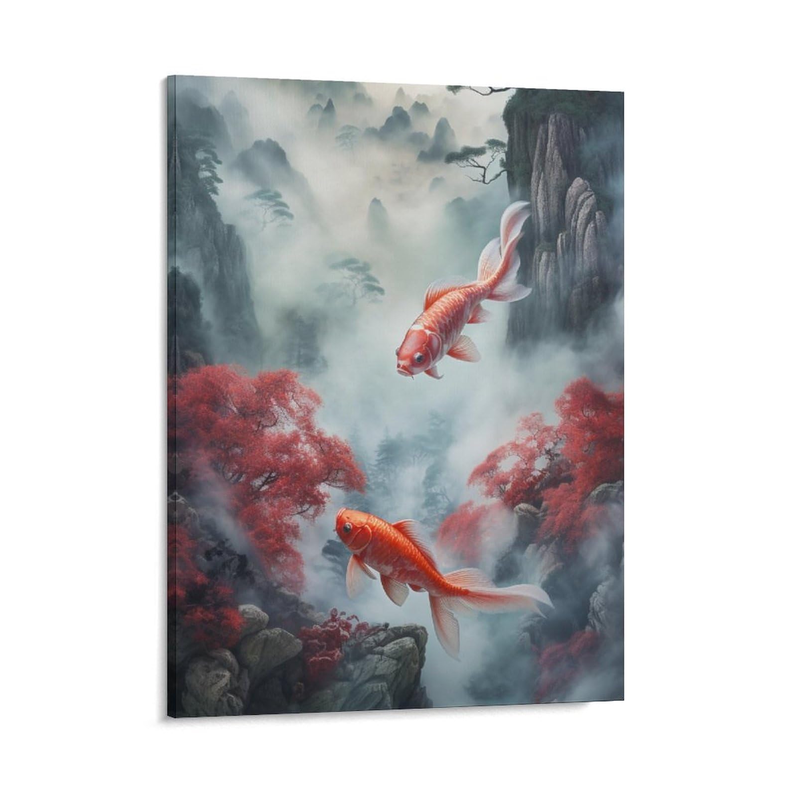 Amazon.co.jp: 絵画 霧の中を泳ぐ二匹の鯉インテリア 絵画 伝統的な  