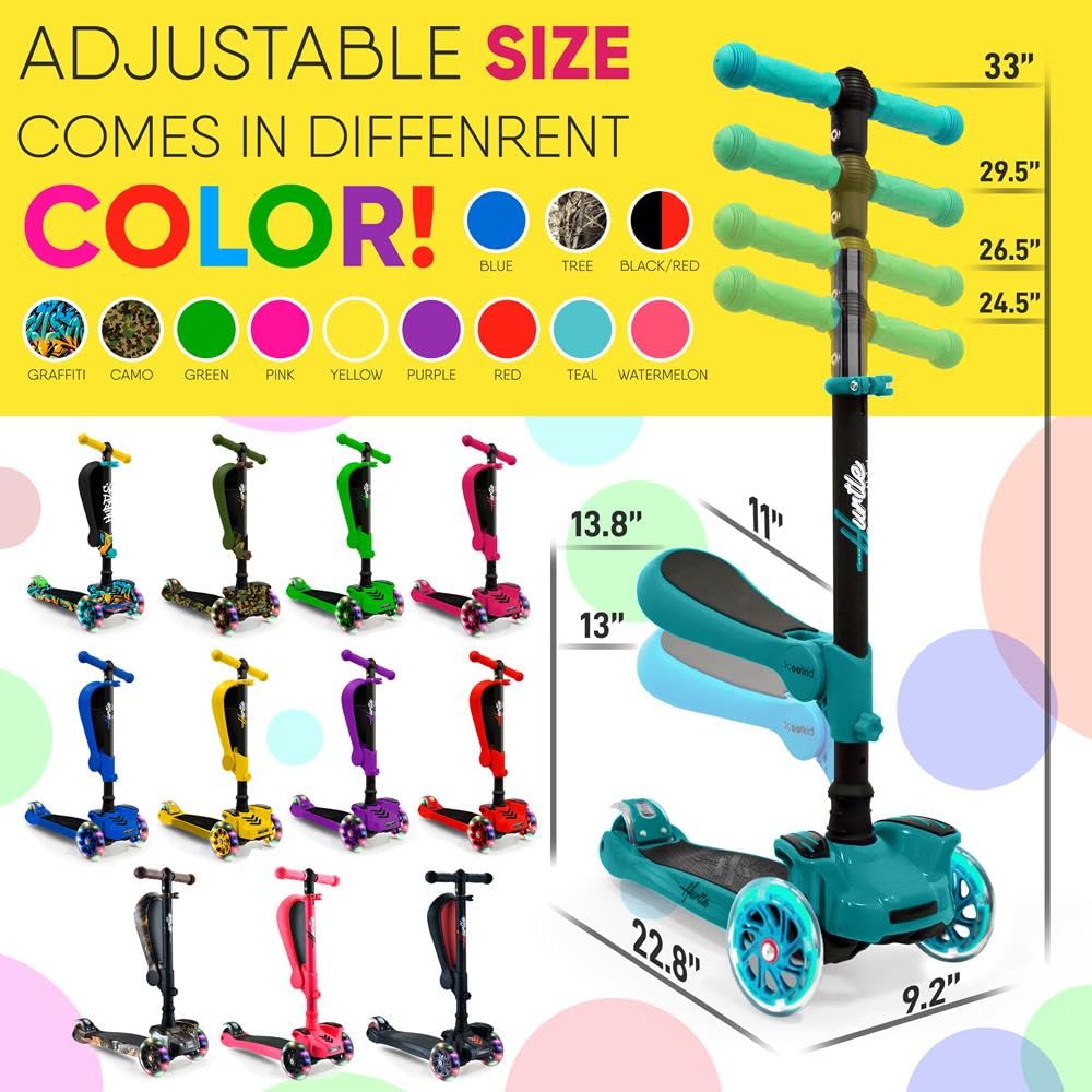 Hurtle Patinete niñas 3 Ruedas, Juguetes niños 2 años en adelante, con Asiento abatible, Altura Ajustable, monopatin 2 en 1, Luces Intermitentes, Color Rosa