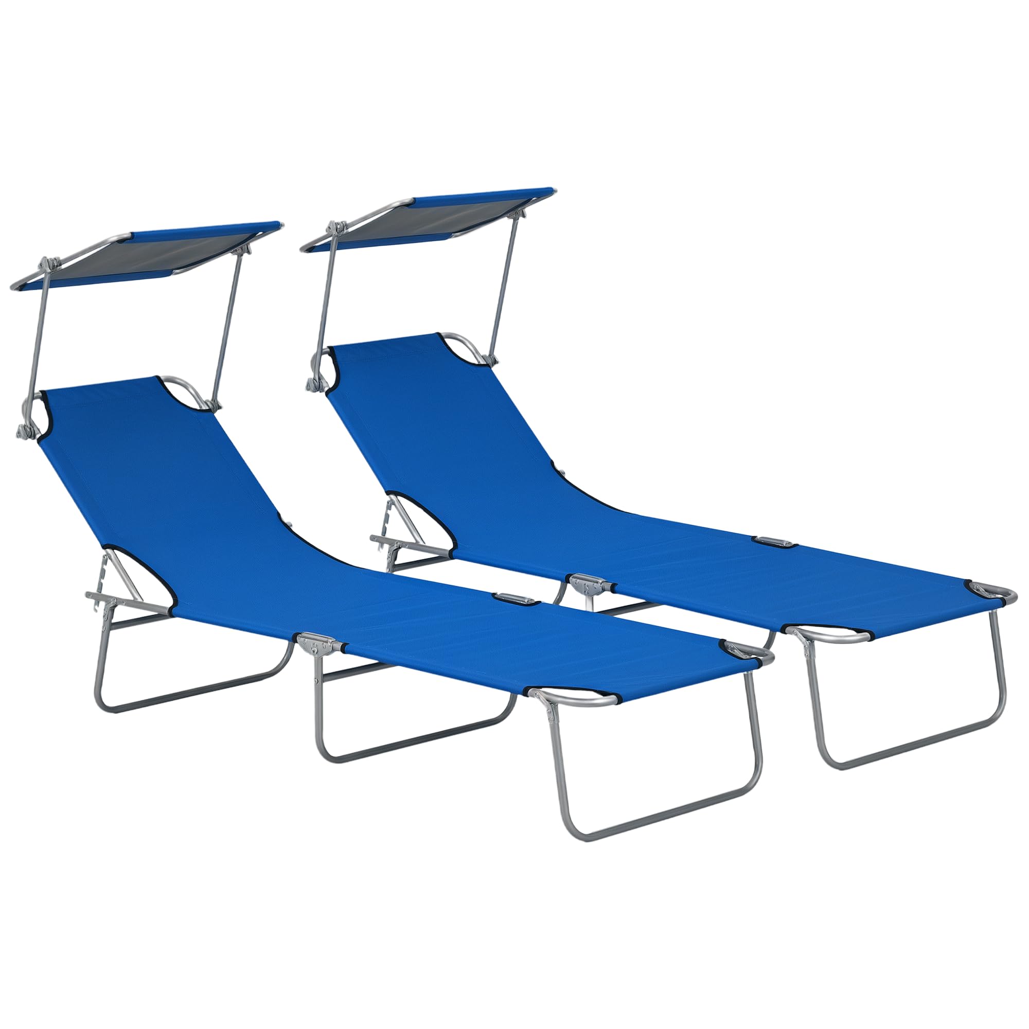Outsunny Outdoor Foldable Sun Lounger Set of 2, 4 Level Adjustable Backrest Reclining Sun Lounger Chair with Angle Adjust Sun Shade Awning for Beach, Garden, Patio, Blue