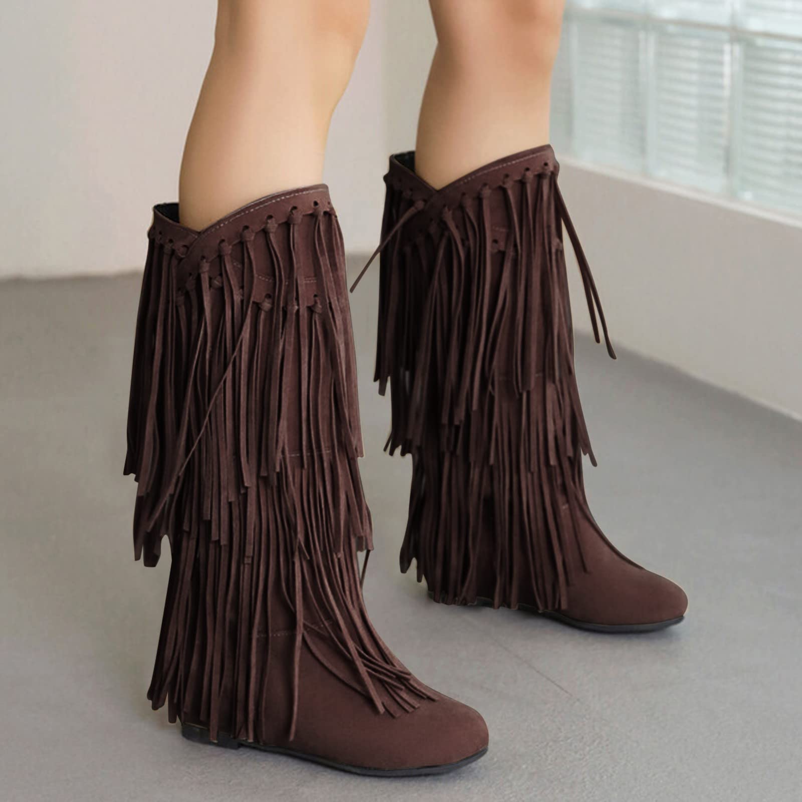Kowbojskie buty z frędzlami dla kobiet - zimowe płaskie zamszowe buty do połowy łydki, gruby obcas, botki kowbojki z frędzlami, szerokie łydki, plus size ciepłe stylowe botki na co dzień