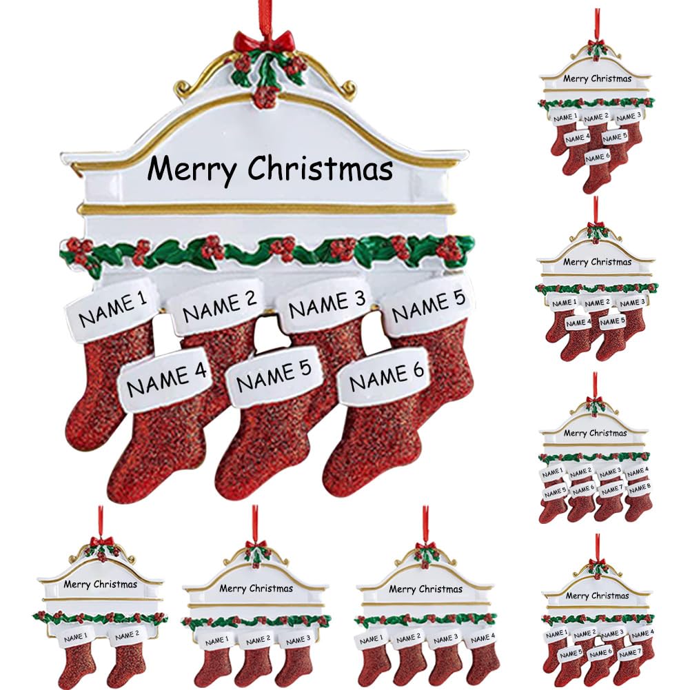 AIFLM Customized Christmas Decoration Socks Pendant 2024, Custom 2/3/4/5/6/7/8 Family Name to Christmas Tree, Personalized Resin Hanging Ornament Engraved Name Creative Xmas Gift