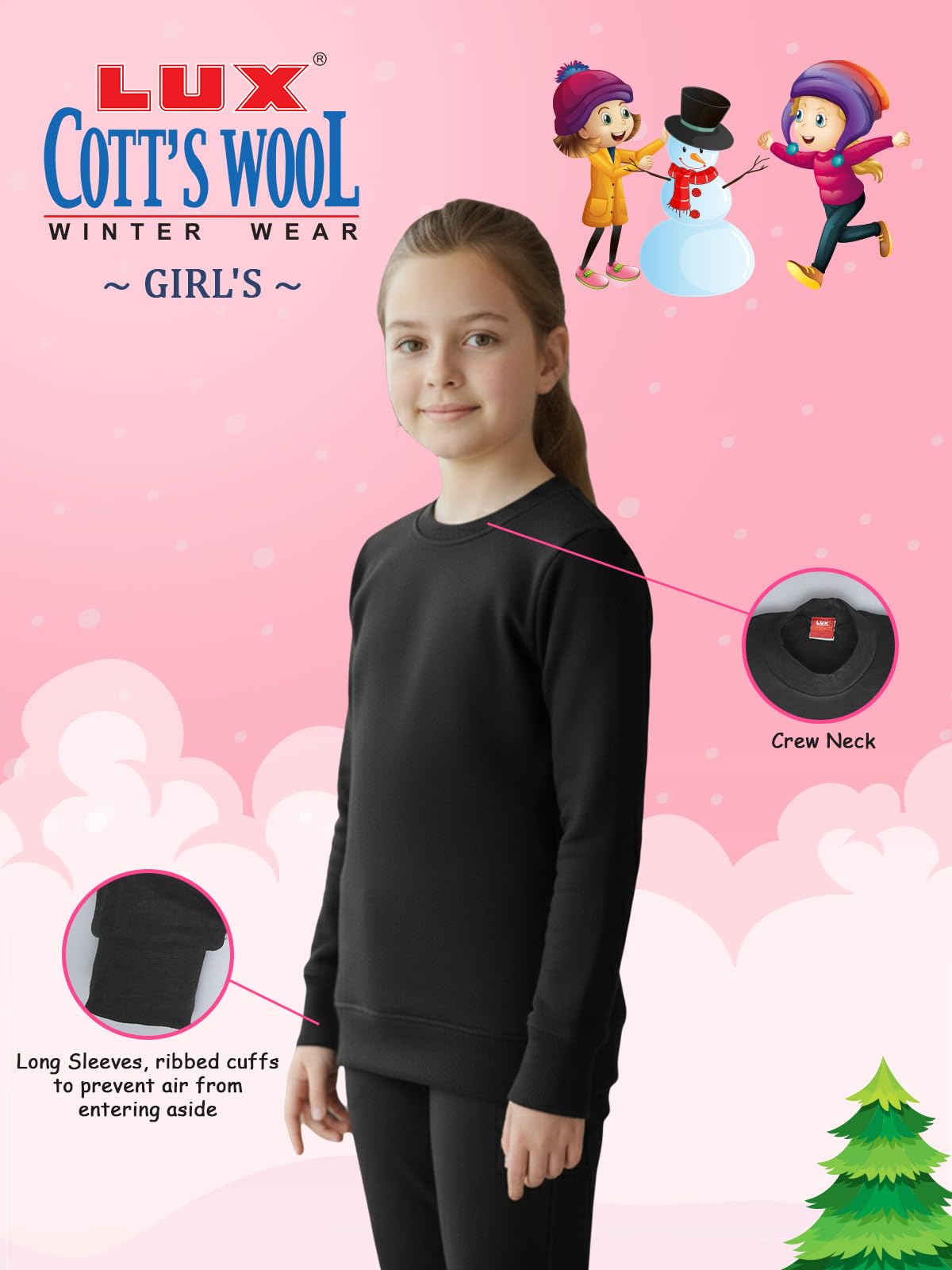 Lux Cottswool Girl's Pack of 1 Black Winter wear Thermal Full Sleeves Round Neck Body Warmer top (Size : 73cm) 2