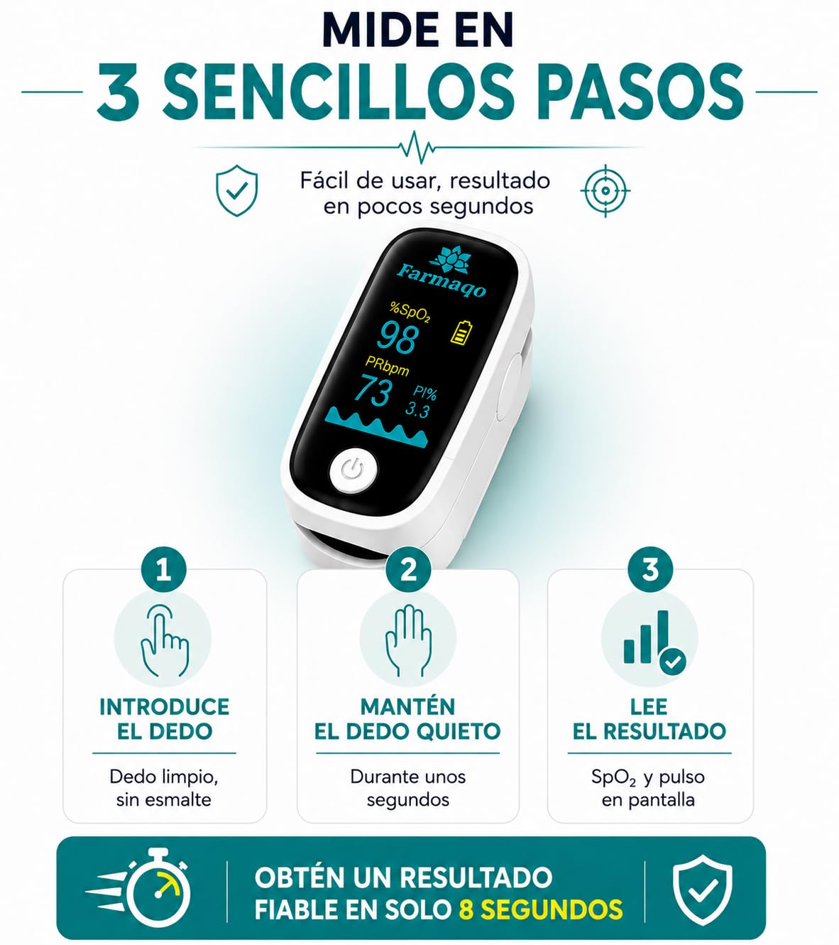 Pulsioxímetro de Dedo FARMAQO Profesional Certificado CE con App Bluetooth iOS Android – Oxímetro Saturómetro SpO2 BPM Pantalla OLED Alta Precisión para Adultos y Niños