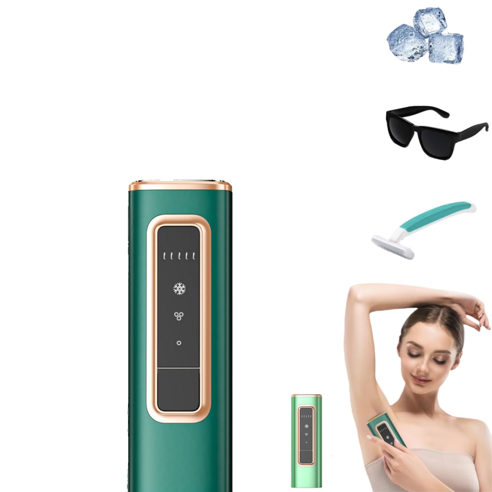 IPL Geräte Haarentfernung Laser mit Gefrierfunktion, Schmerzfreie Haarentfernungsgerät,Geräte Haarentfernung mit Saphir-Eis, Lichtimpulse und Energiestufen für Körper, Gesicht, Bikini (Dunkelgrün)