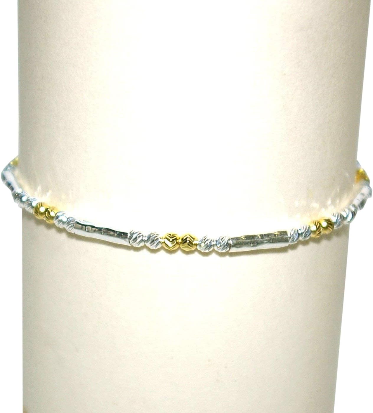 Sterling Silver 925 3mm Laser Cut Beads and Hammered Tubes Two Tone Anklet - Handmade to your size
