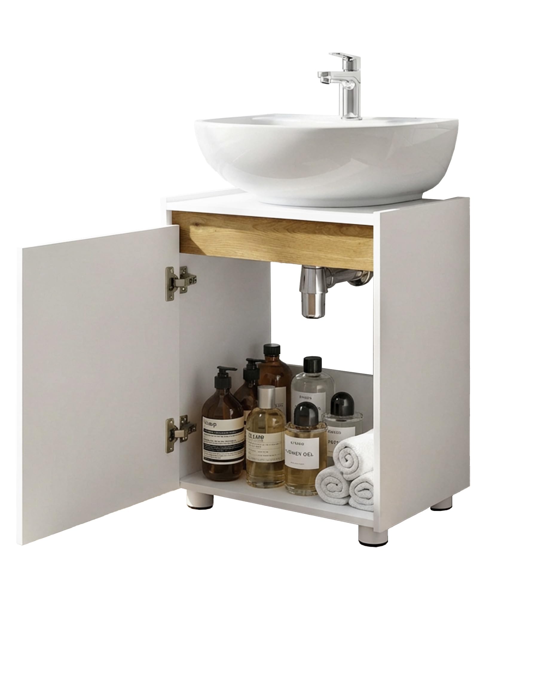 Mueble bajo lavabo blanco para cuarto de baño, lavabo con decoración de madera de roble, 42 x 33 x 54,5 cm, armario bajo lavabo estrecho con estante ajustable, sin mango
