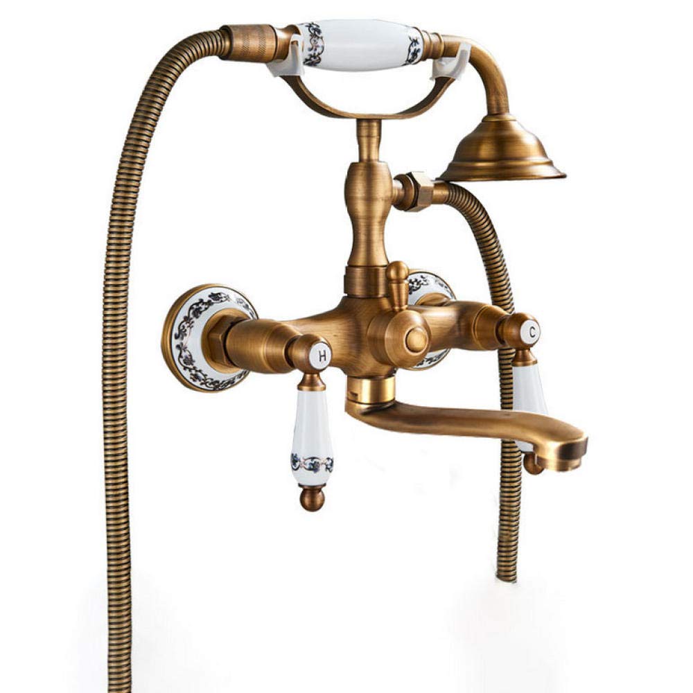 Yniyujkl Antique Brass Bathtub Faucet Wall Mounted Porcelain Handled Bath Shower Faucet 25Cm Long Bathtub Spout Mixer Taps