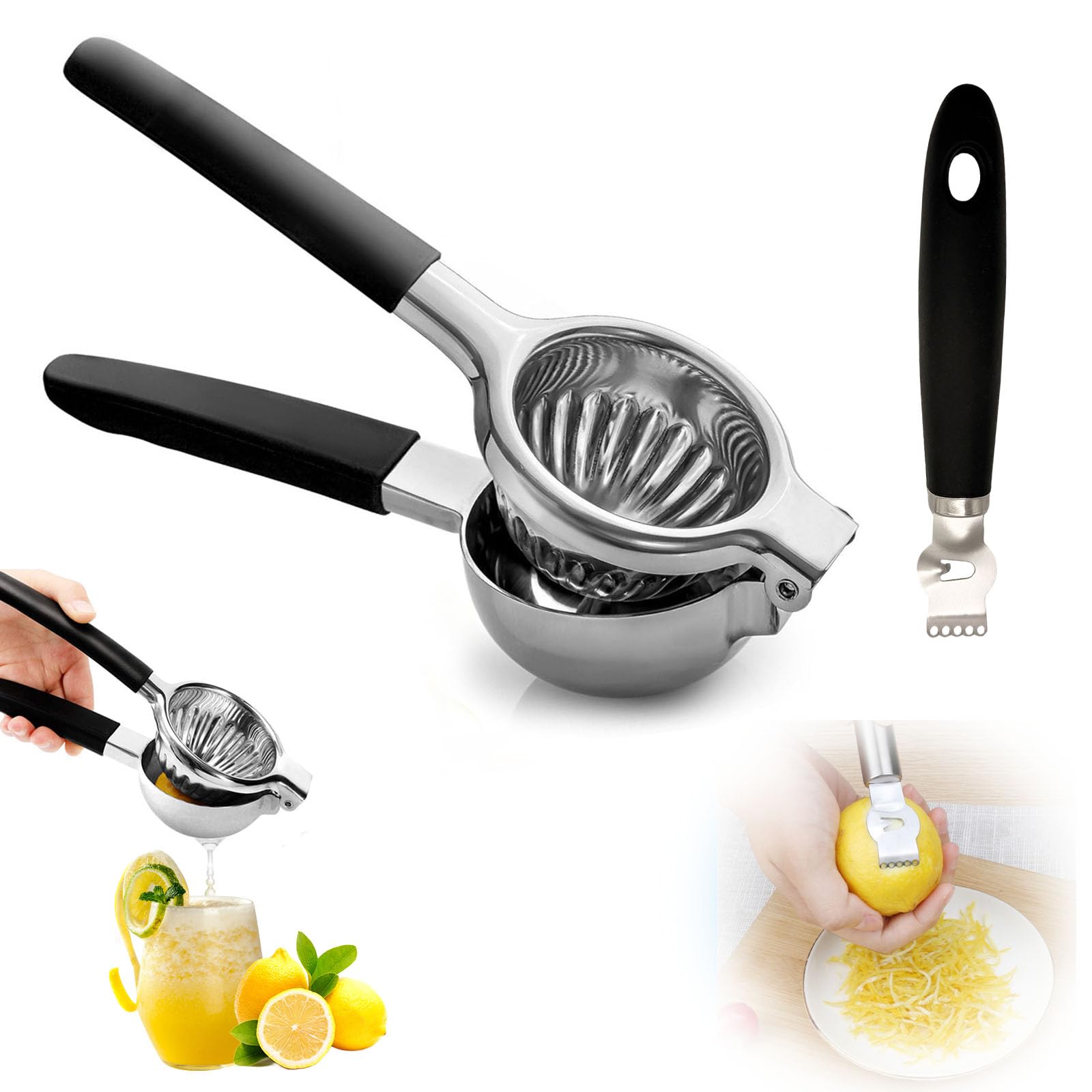 Spremiagrumi Manuale in Acciaio Inox con Zester, Spremilimone per Limoni e Lime, Manici Ergonomici, Lavabile in Lavastoviglie