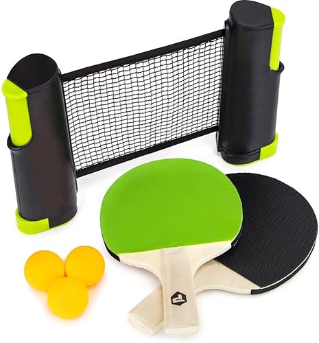 Pong on The Go - Juego de tenis de mesa portátil, viene con red, 2 paletas negrasverdes, 3 pelotas y bolsa de transporte, alternativa de juego de