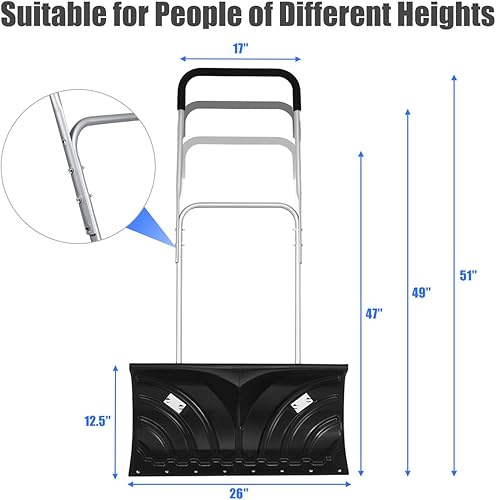 Miniatura 7 de S AFSTAR Empujador de nieve rodante, quitanieves con ruedas de alta resistencia con ruedas de 6 pulgadas y mango ajustable, herramienta de