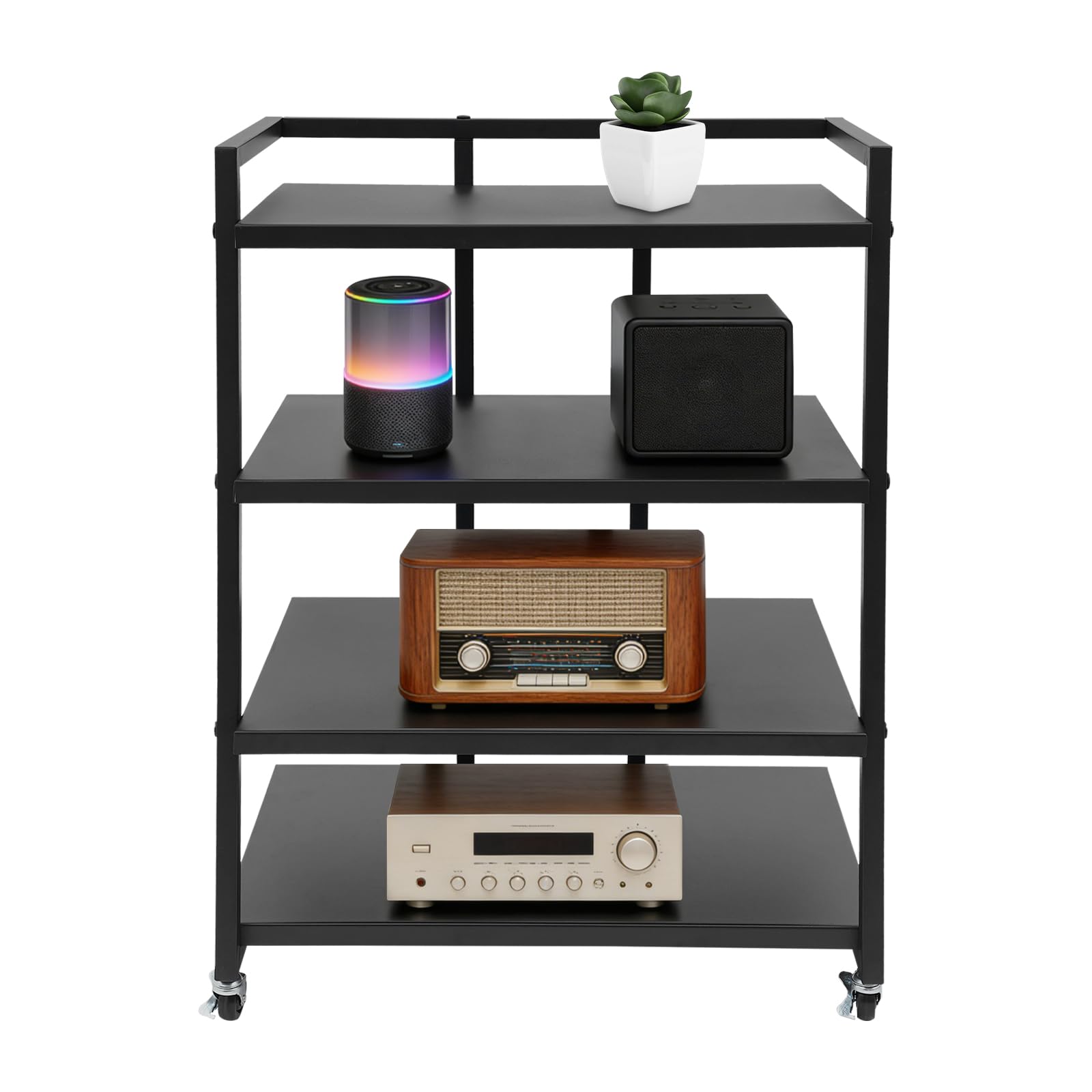 HiFi Rack mit Rädern 4-stufiger Medienständer Eisen Audio-Rack für Plattenspieler und Mediengeräte Ablage Schwarz 60x52x85 cm Jede Etage trägt 50 lbs