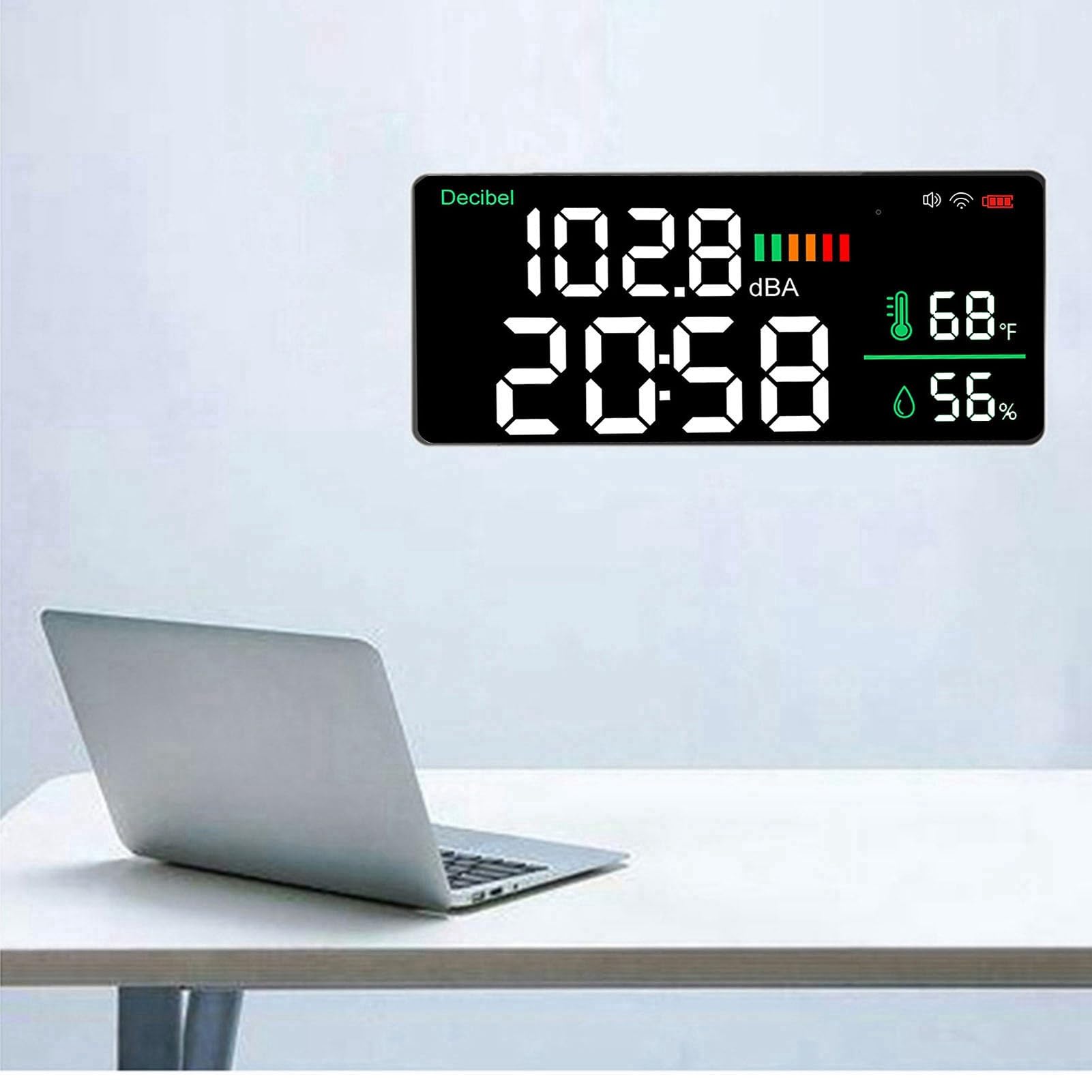Medidor de Decibeles LED con WiFi, Nivel de Sonido Montado en la Pared 11 Pulgadas y Pantalla Temperatura/humedad para la Aplicación