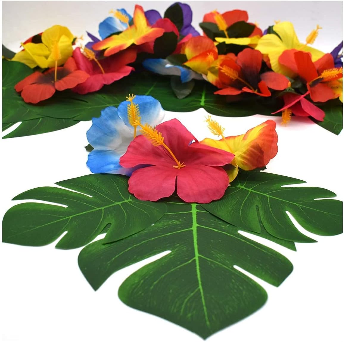 Ziranee Tropical Party Decoration,24 PCS Tropical Palm Leaves+24 PCS Artificial Flowers 6" Monstera Leaves with Stem Hawaiian Hibiscus Flowers for Beach Party Rainforest Table Decorations