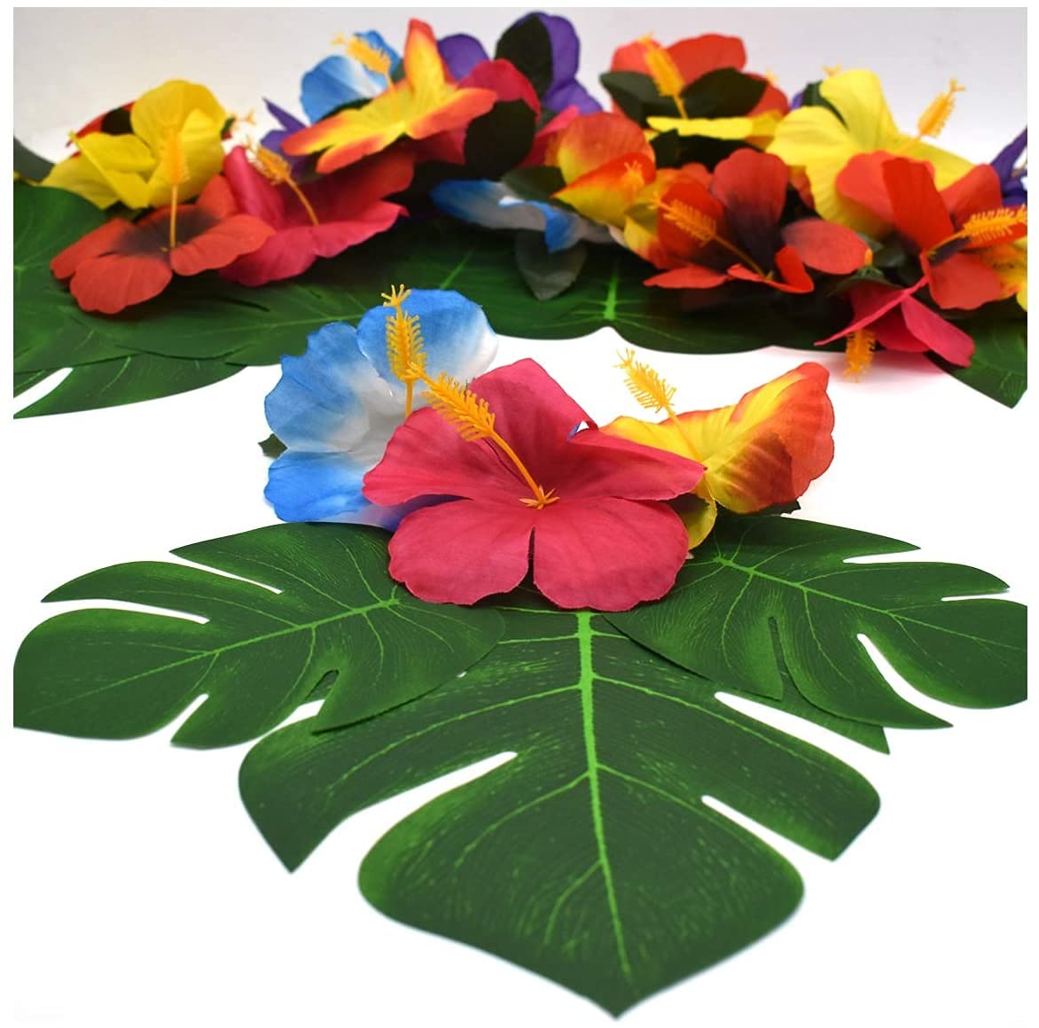 Tropical Party Decoration,24 PCS Tropical Palm Leaves+24 PCS Artificial Flowers 6" Monstera Leaves with Stem Hawaiian Hibiscus Flowers for Beach Party Rainforest Table Decorations
