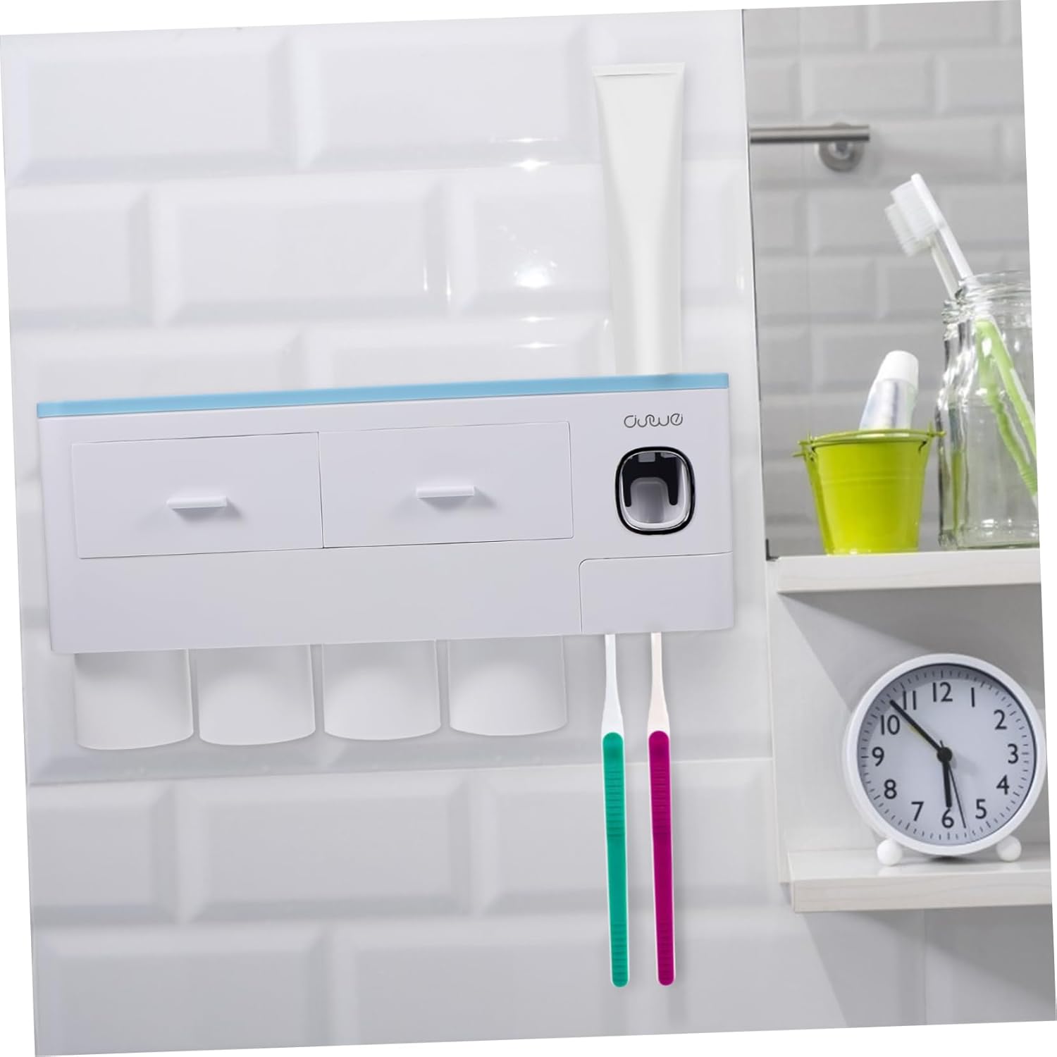 1pc Toothbrush Holder Set Toothpaste Dispenser Wall-Mounted Storage Organizer for Bathroom Easy to Install Adhesive Rack Sturdy and Material Includes Cups