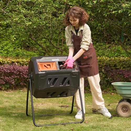 Image of East Oak Compost Tumbler Outdoor, 43-Gallon Tumbling Compost Bin with 2 Sliding Orange Doors & Aeration System, Tumbling Rotating Composter Bin for Kitchen, Garden, Yard,