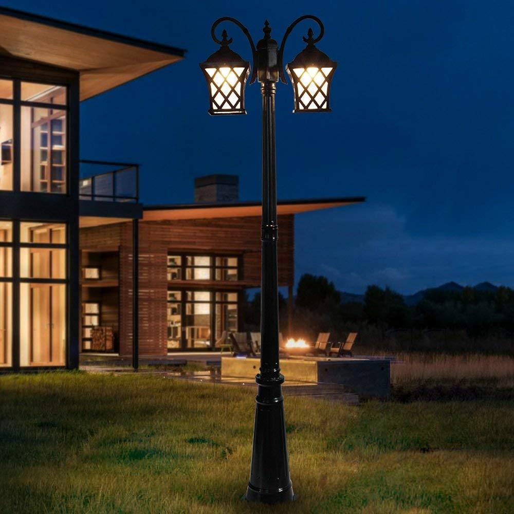 Farola Exterior Impermeable Vintage de 2 Luces, farola de Poste Alto Estilo Retro Europeo, Linterna de Cristal, lámpara de Calle con Columna de Aluminio para Patio, balcó,Bronze-260cm